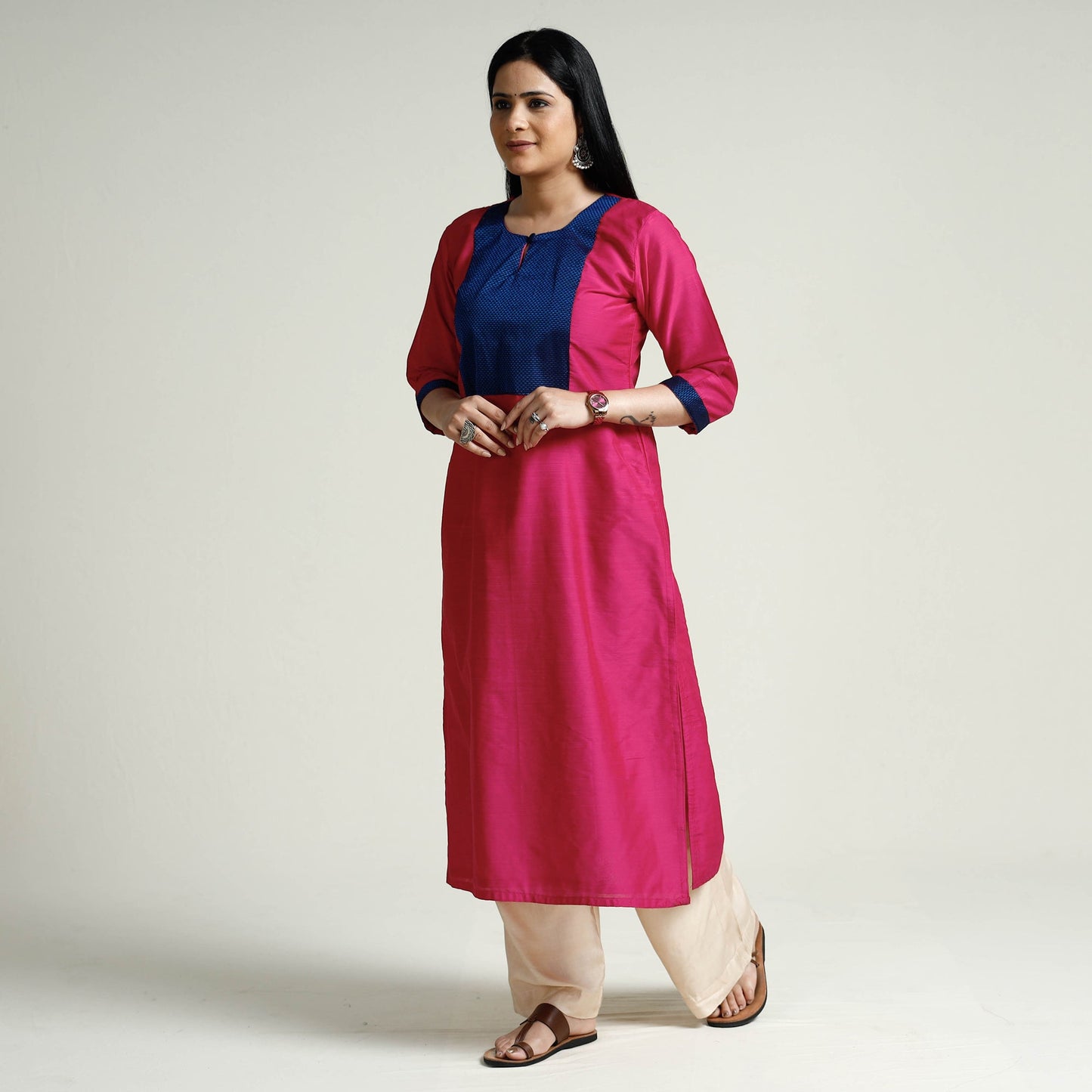 Bright Pink Plain Silk Long Kurta