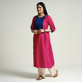 Bright Pink Plain Silk Long Kurta