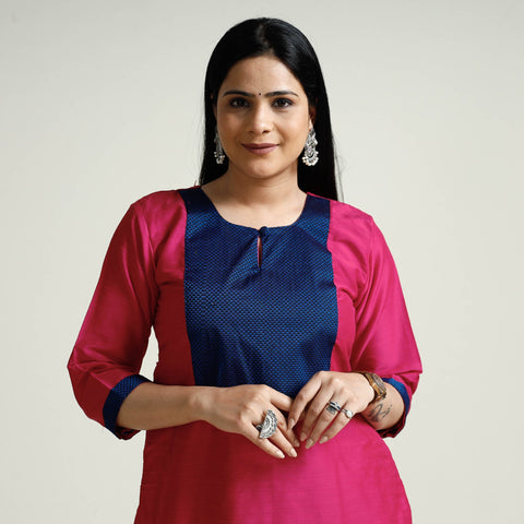 Bright Pink Plain Silk Long Kurta