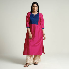 Bright Pink Plain Silk Long Kurta