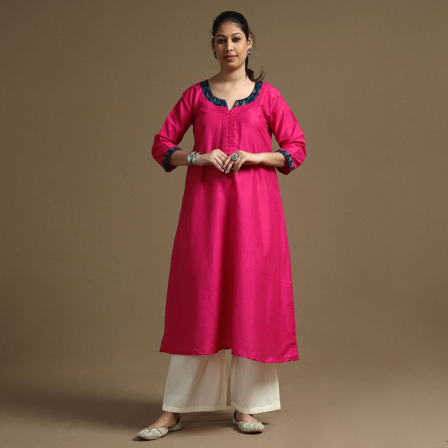 Bright Pink - Plain Solid Slub Silk A-Line Long Kurta