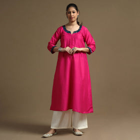 Bright Pink - Plain Solid Slub Silk A-Line Long Kurta