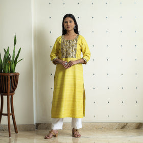 Bright Yellow - Bhagalpuri Handwoven Desi Tussar Silk Long Kurta