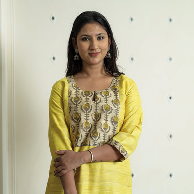 Bright Yellow - Bhagalpuri Handwoven Desi Tussar Silk Long Kurta