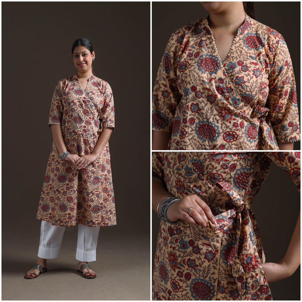 Gota Work Floral Sanganeri Block Print Cotton A-Line Angrakha Kurta for Women 18