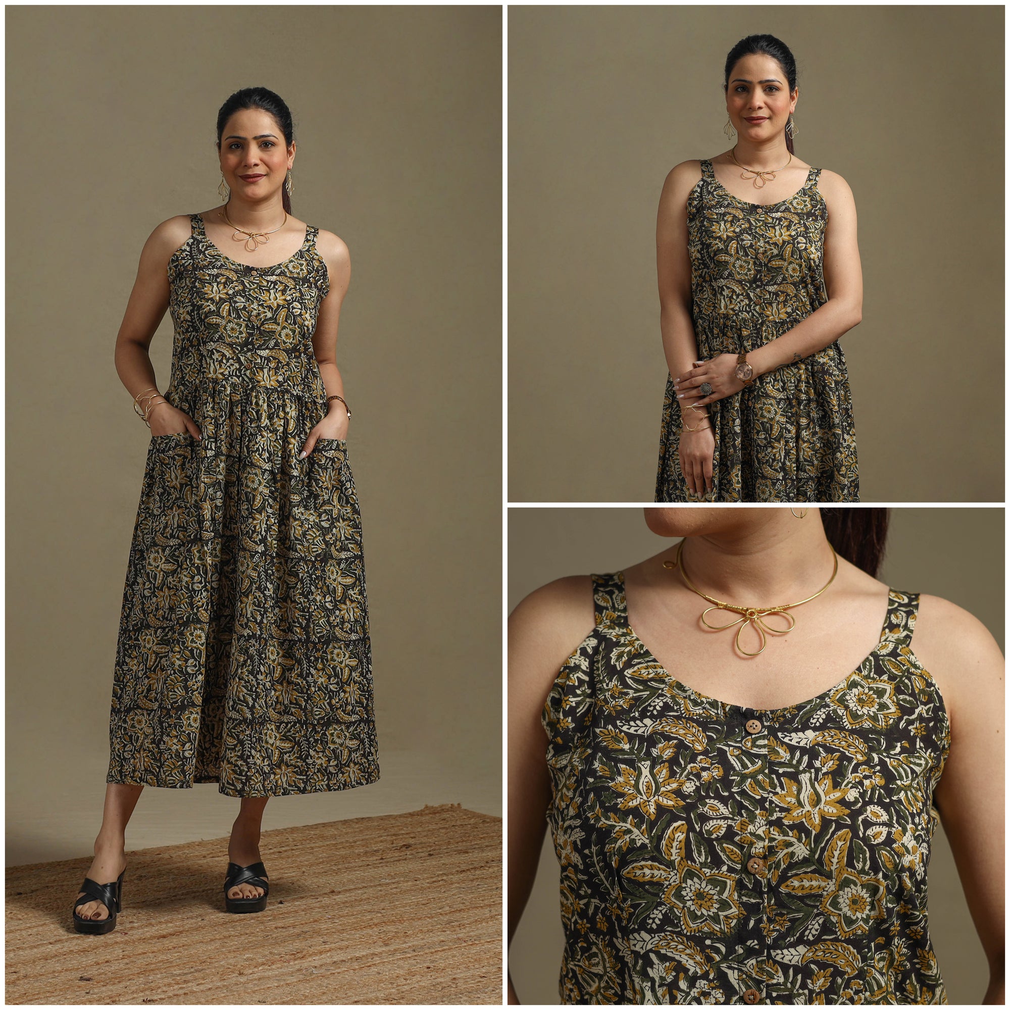 Hand Block Print Natural Dyed Cotton Button Down Bagru Dress 01