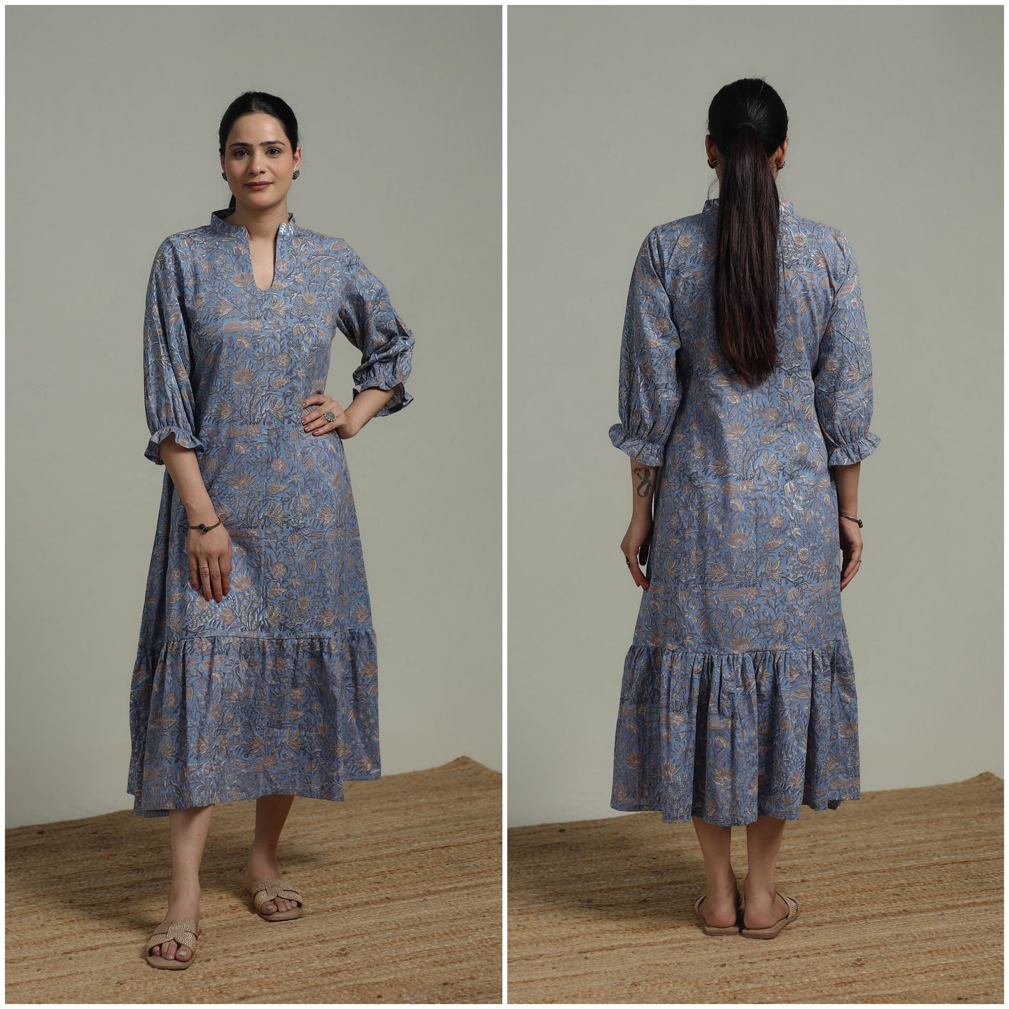 Blue - Sanganeri Hand Block Print Pure Cotton Tiered Dress 16