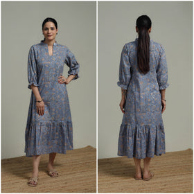 Blue - Sanganeri Hand Block Print Pure Cotton Tiered Dress 16