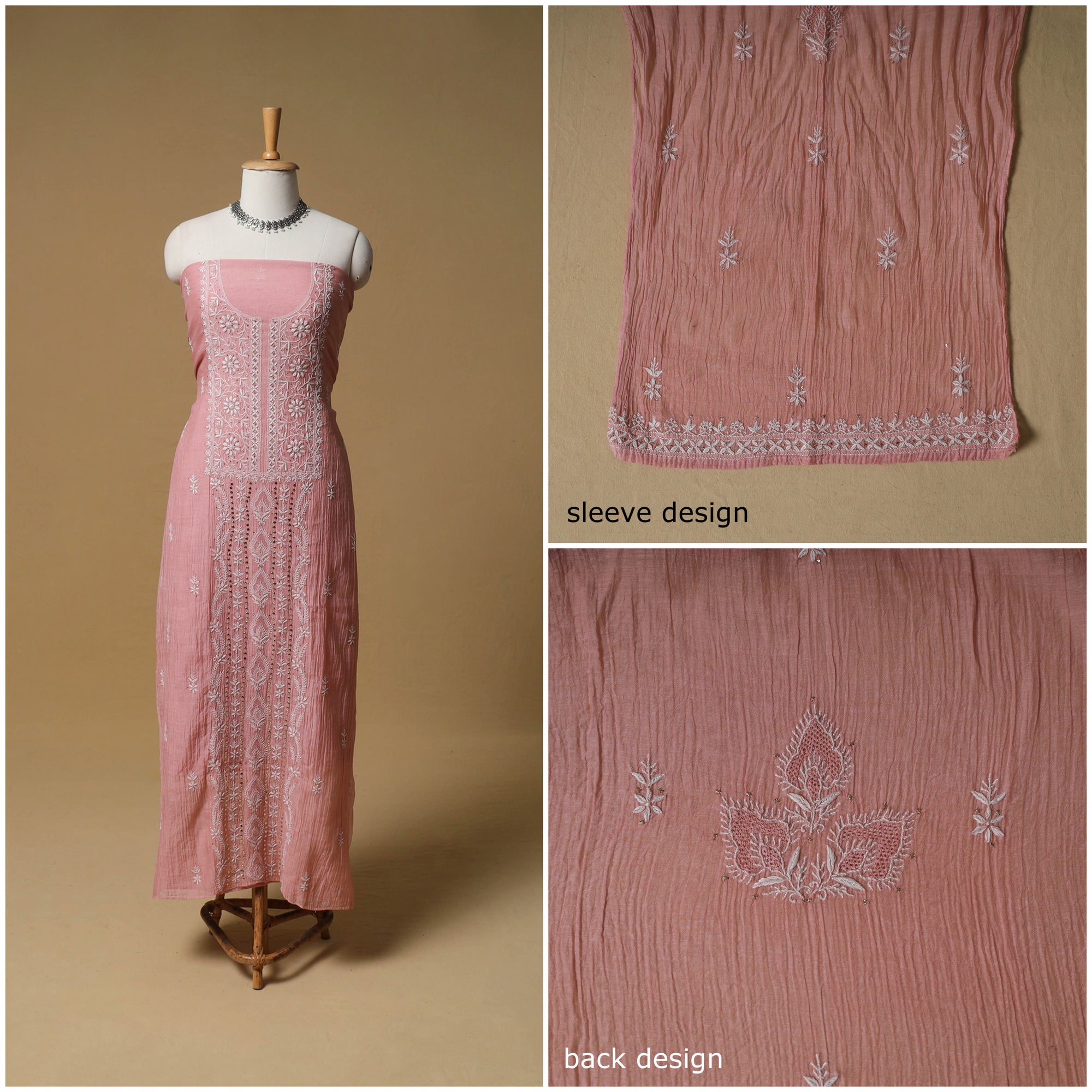 Lucknowi Chikankari Mukaish Work Mul Chanderi Semi Stitched Dress Material: Kurta with Dupatta 06