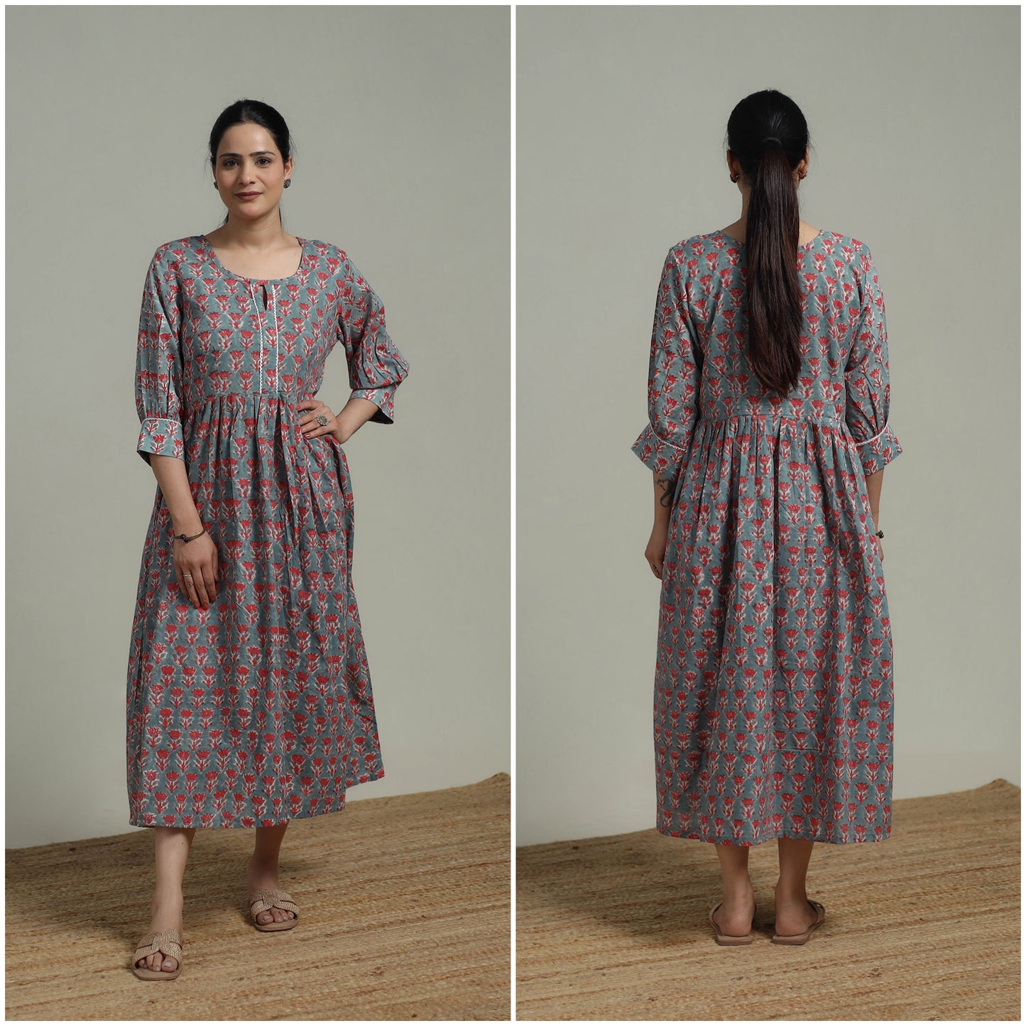 Green - Sanganeri Hand Block Print Pure Cotton Flared Dress 06