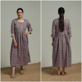 Green - Sanganeri Hand Block Print Pure Cotton Flared Dress 06