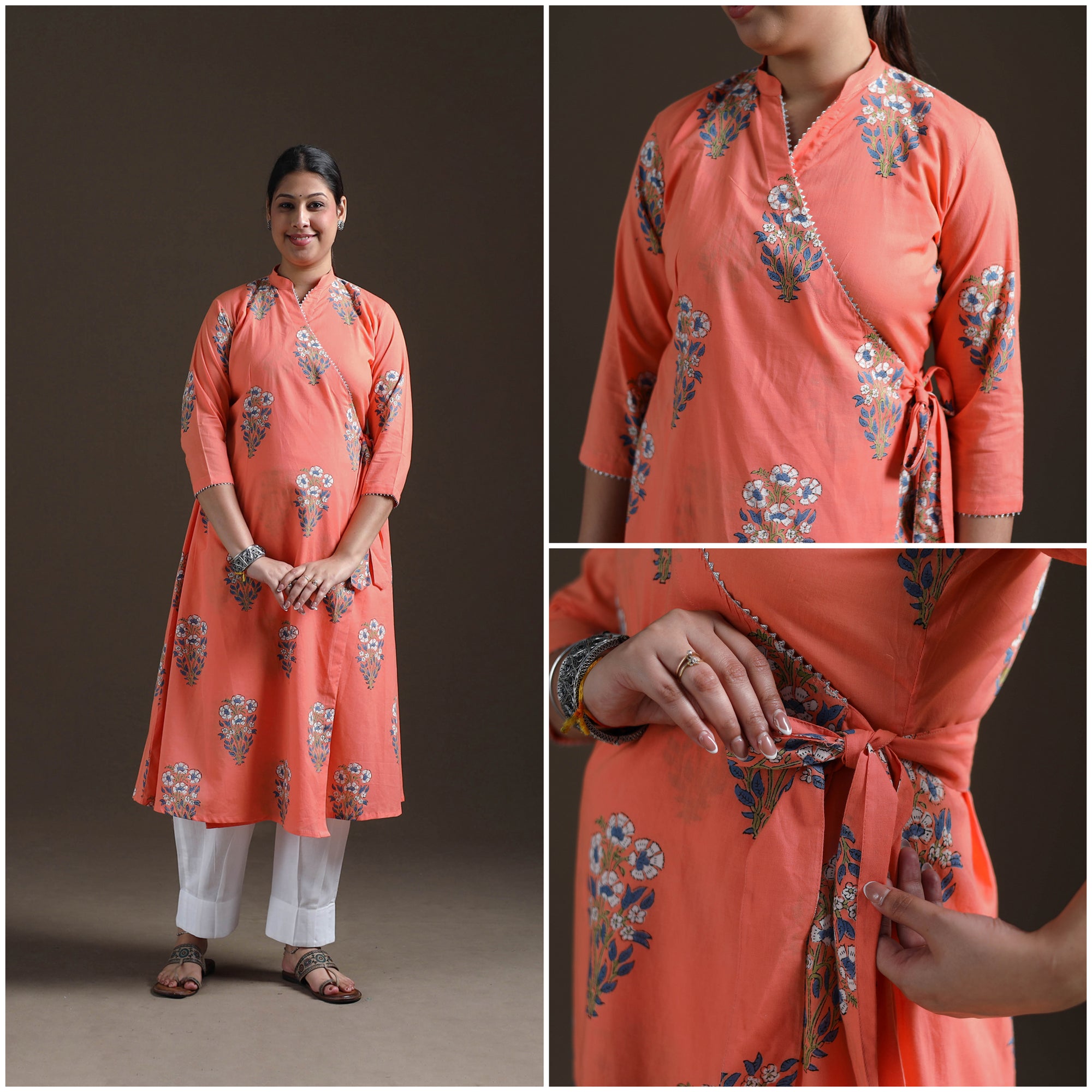 Gota Work Floral Sanganeri Block Print Cotton A-Line Angrakha Kurta for Women 19