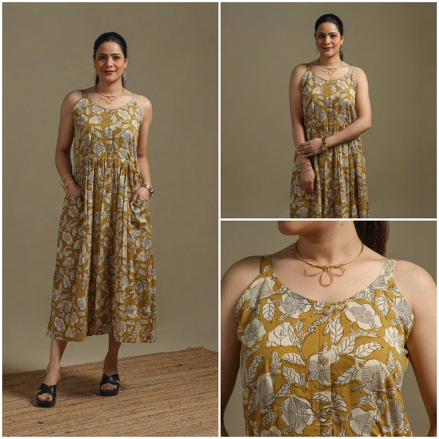 Hand Block Print Natural Dyed Cotton Button Down Bagru Dress 04