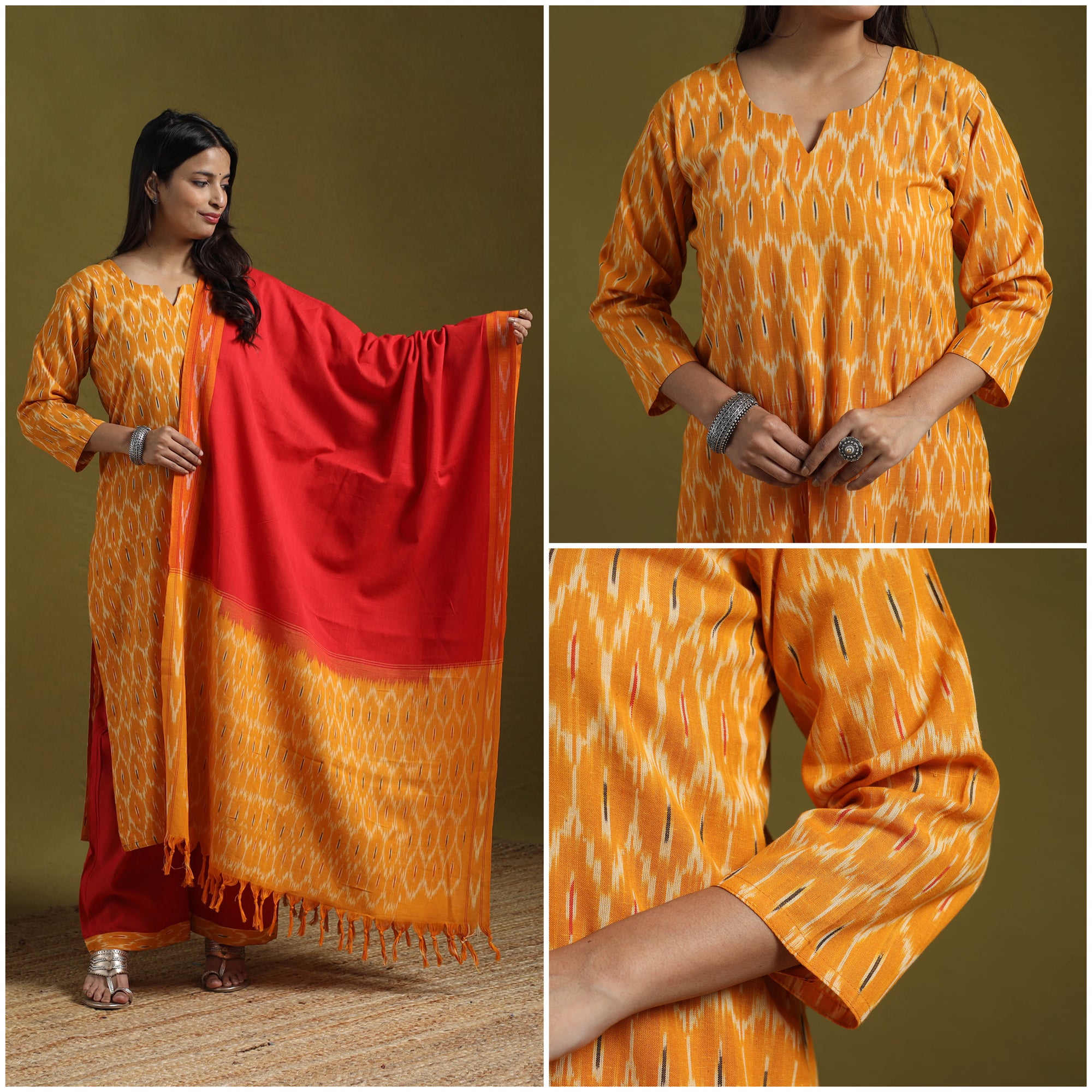 Pochampally Ikat Cotton Suit Set with Dupatta for women 16