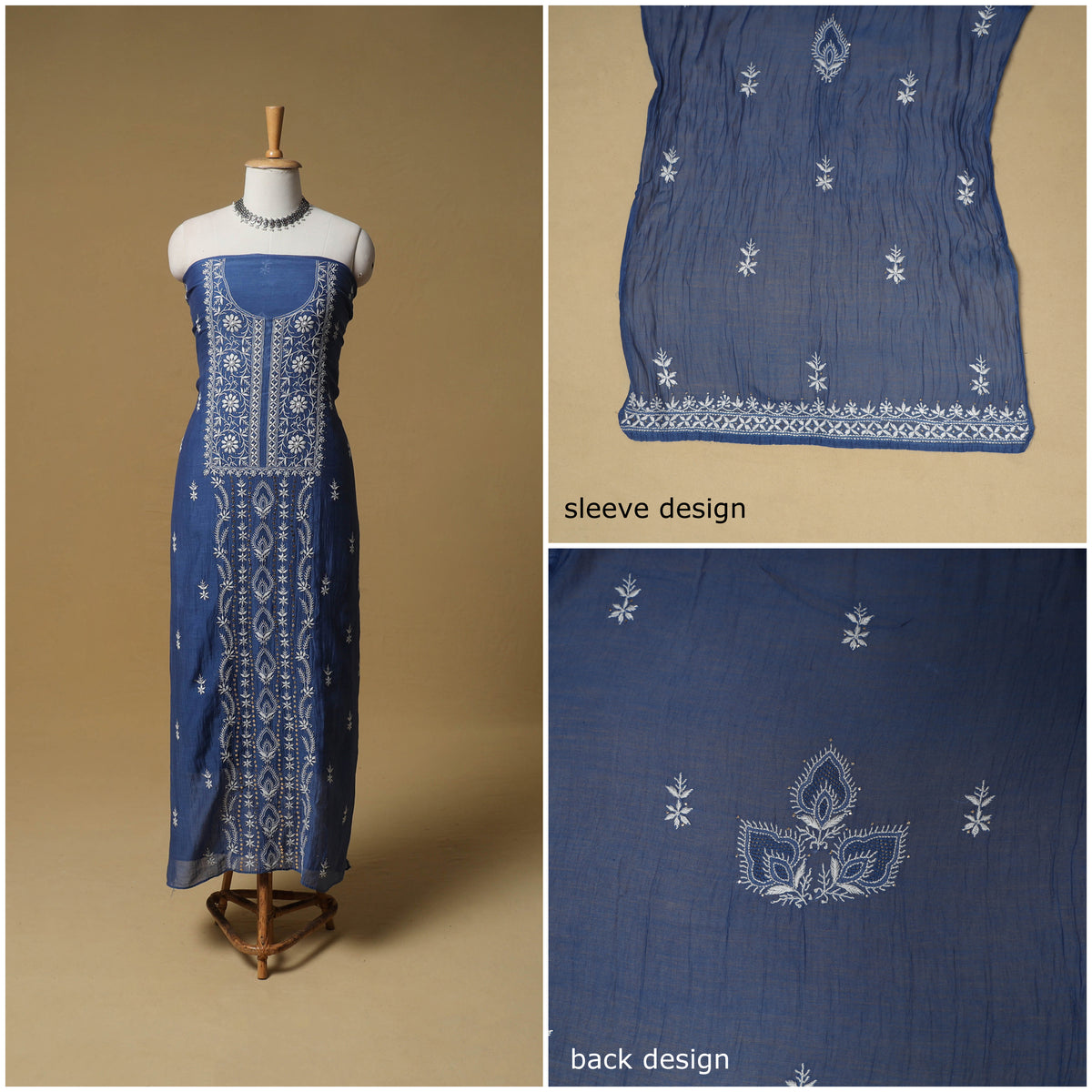 Lucknowi Chikankari Mukaish Work Mul Chanderi Semi Stitched Dress Material: Kurta with Dupatta 07