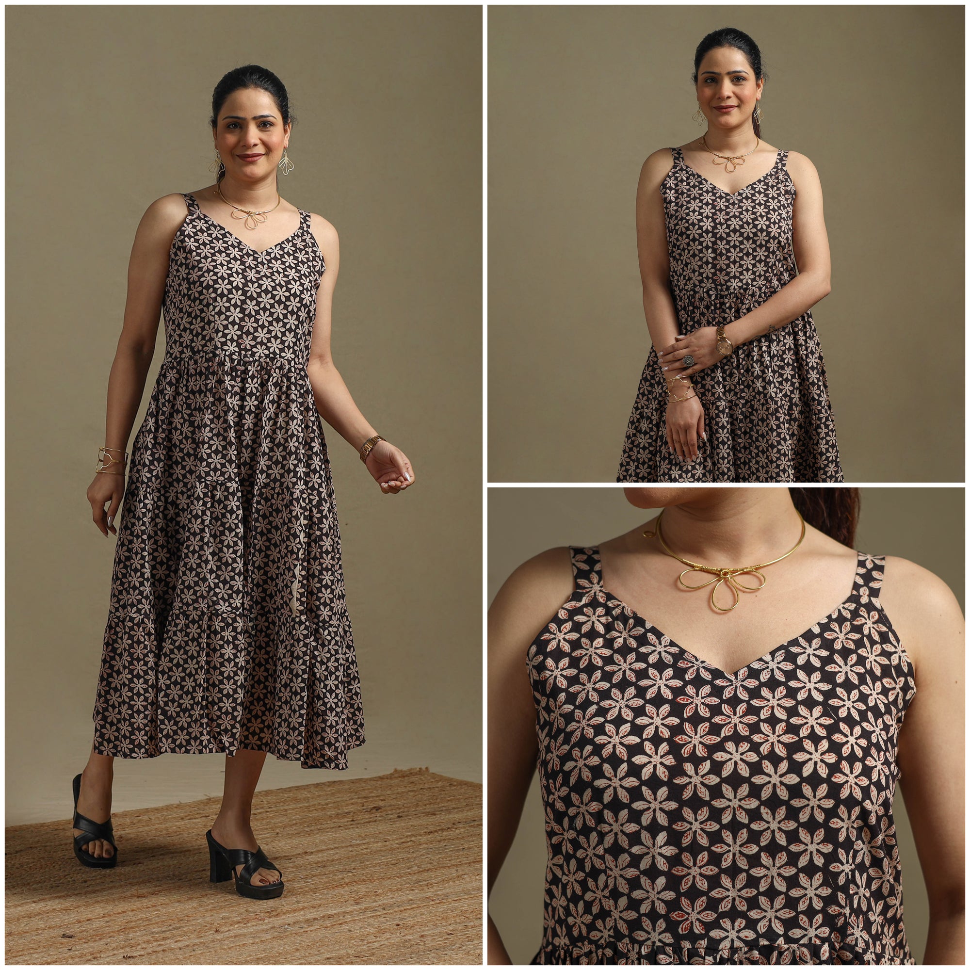 Hand Block Print Natural Dyed Cotton Tiered Bagru Dress 05