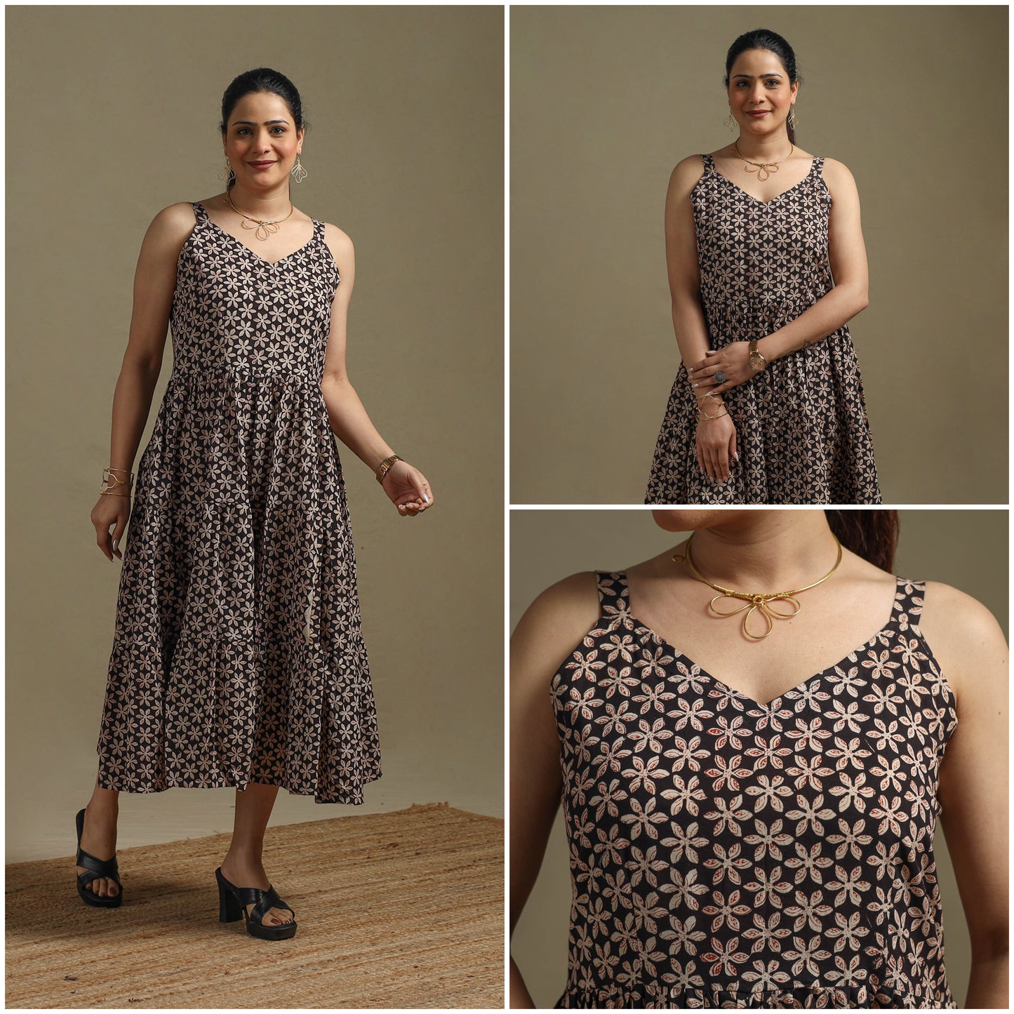 Hand Block Print Natural Dyed Cotton Tiered Bagru Dress 05