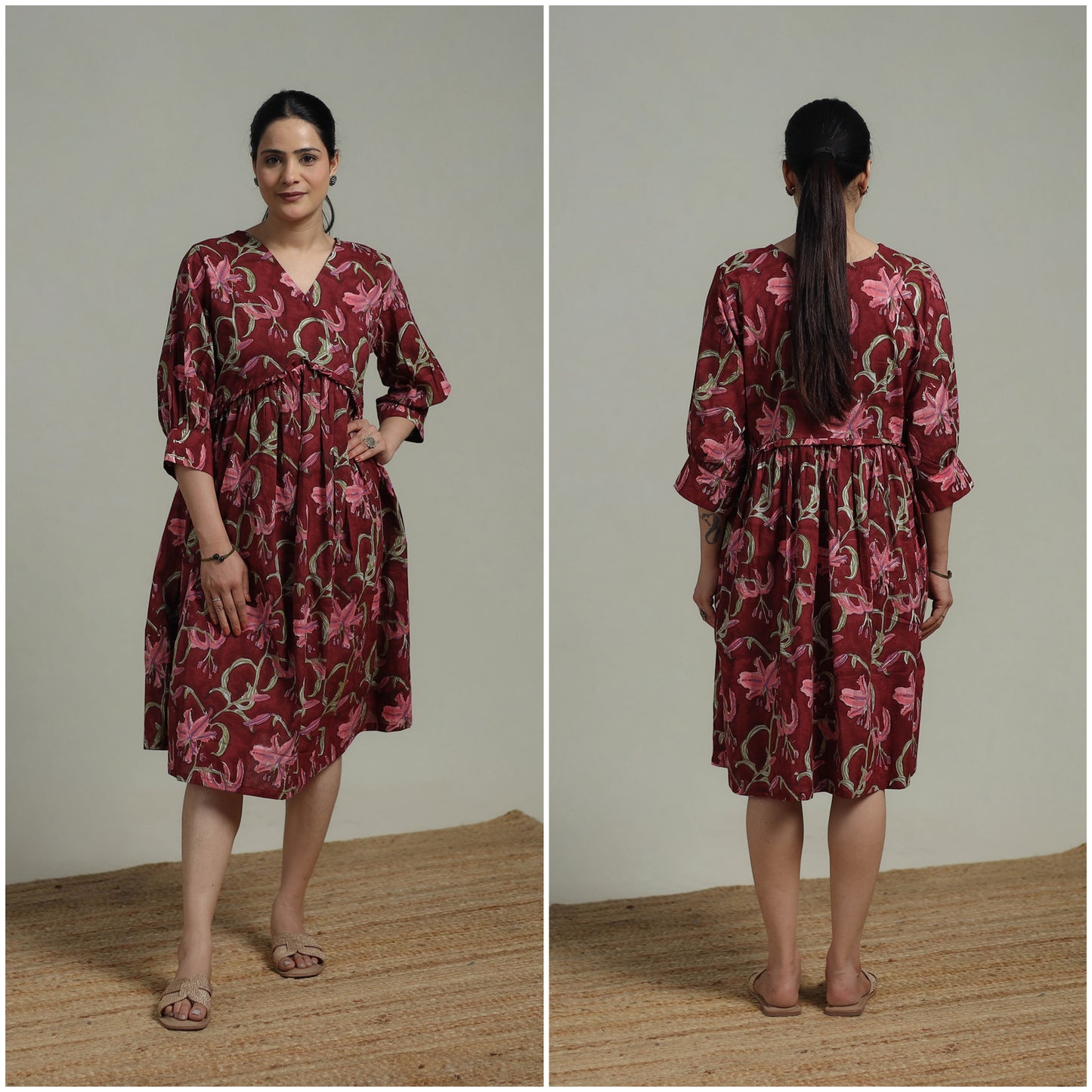 Maroon - Sanganeri Hand Block Print Pure Cotton Angrakha Flared Dress 11
