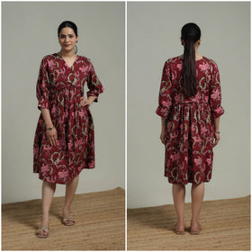 Maroon - Sanganeri Hand Block Print Pure Cotton Angrakha Flared Dress 11
