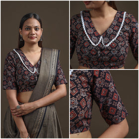 Ajrakh Hand Block Print Natural Dyed Cotton Readymade Blouse with Lace Work 07