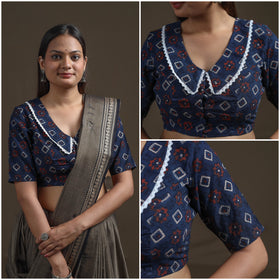 Ajrakh Hand Block Print Natural Dyed Cotton Readymade Blouse with Lace Work 10
