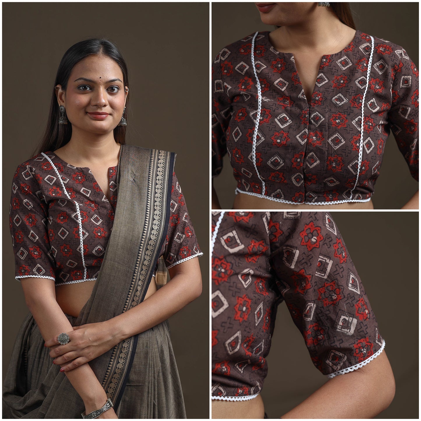 Ajrakh Hand Block Print Natural Dyed Cotton Readymade Blouse with Lace Work 02