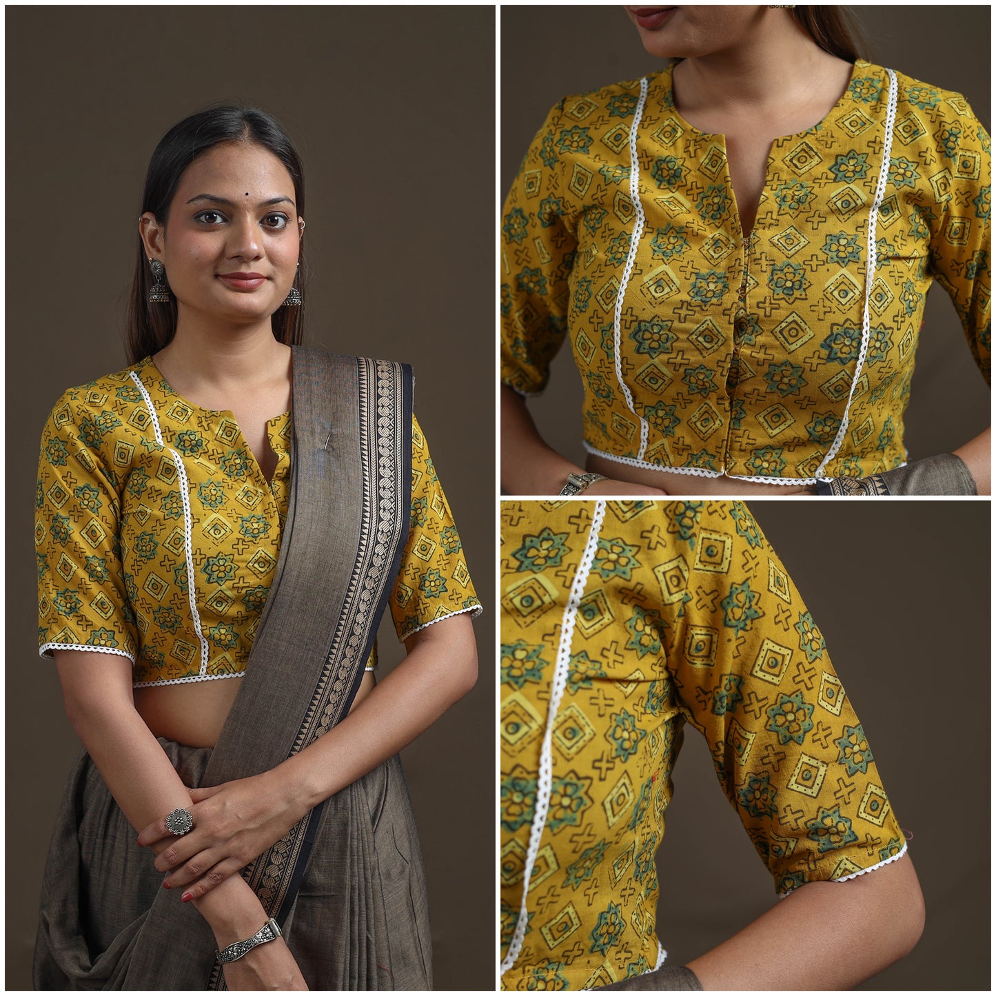 Ajrakh Hand Block Print Natural Dyed Cotton Readymade Blouse with Lace Work 03
