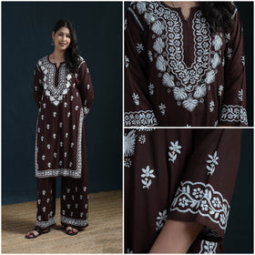Brown - Hand Embroidered Rayon Chikankari Kurta with Palazzo Set for Women 13