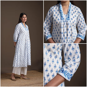 Gota Work Floral Sanganeri Block Print Cotton A-Line Long Kurta for Women 12