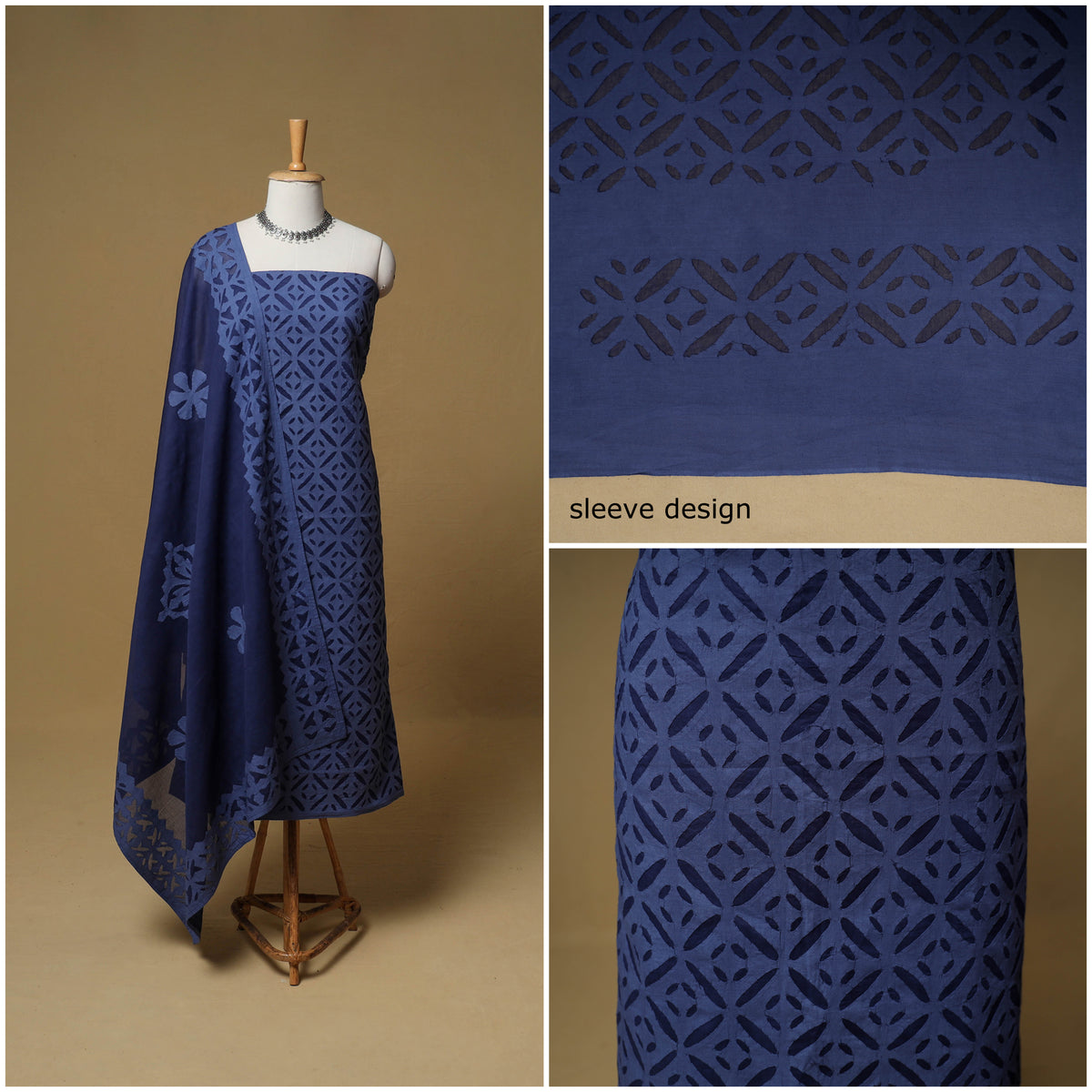 Barmer Applique Cutwork Cotton Unstitched Dress Material: Kurta, Bottom & Dupatta 10