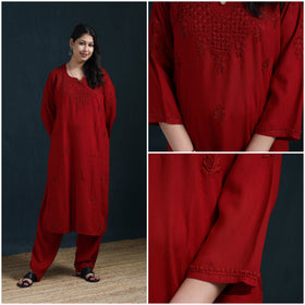 Red - Hand Embroidered Rayon Chikankari Kurta with Pant Set for Women 05
