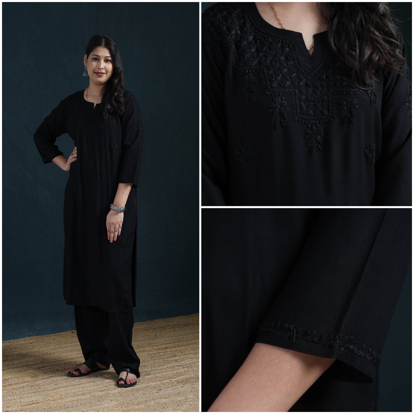 Black - Hand Embroidered Rayon Chikankari Kurta with Pant Set for Women 01