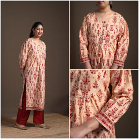 Gota Work Floral Sanganeri Block Print Cotton Straight Long Kurta for Women 05