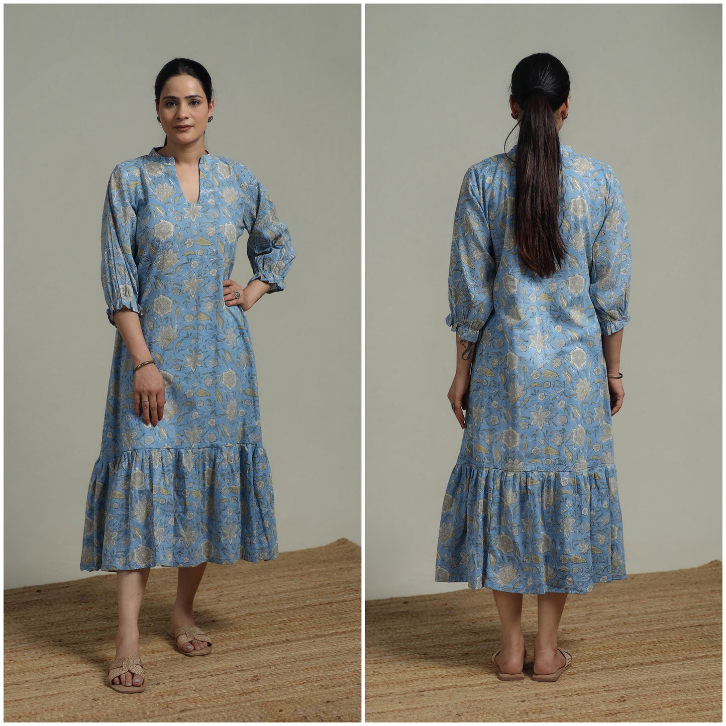 Blue - Sanganeri Hand Block Print Pure Cotton Tiered Dress 18