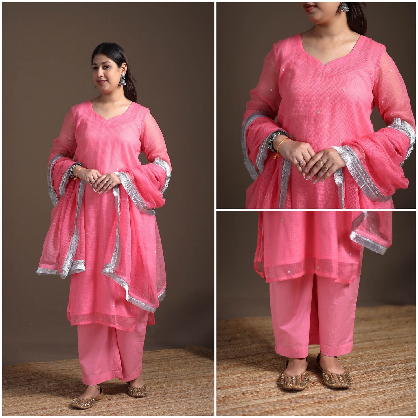 Sequin Work Plain Kota Doria Cotton Suit Set with Lace Work Dupatta for Women 06