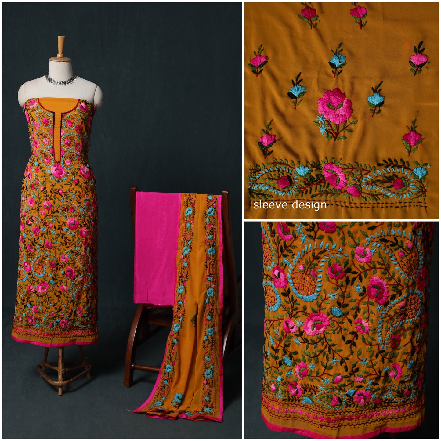 Hand Embroidered Georgette 3pc Unstitched Dress Material Suit Set 20