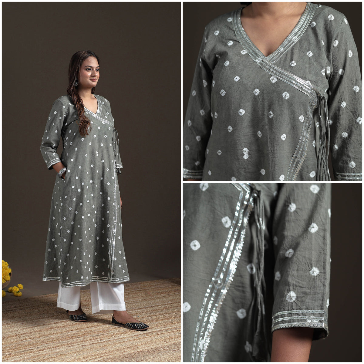 Gota Work Bandhani Tie-Dye Cotton A-Line Long Kurta for Women 13