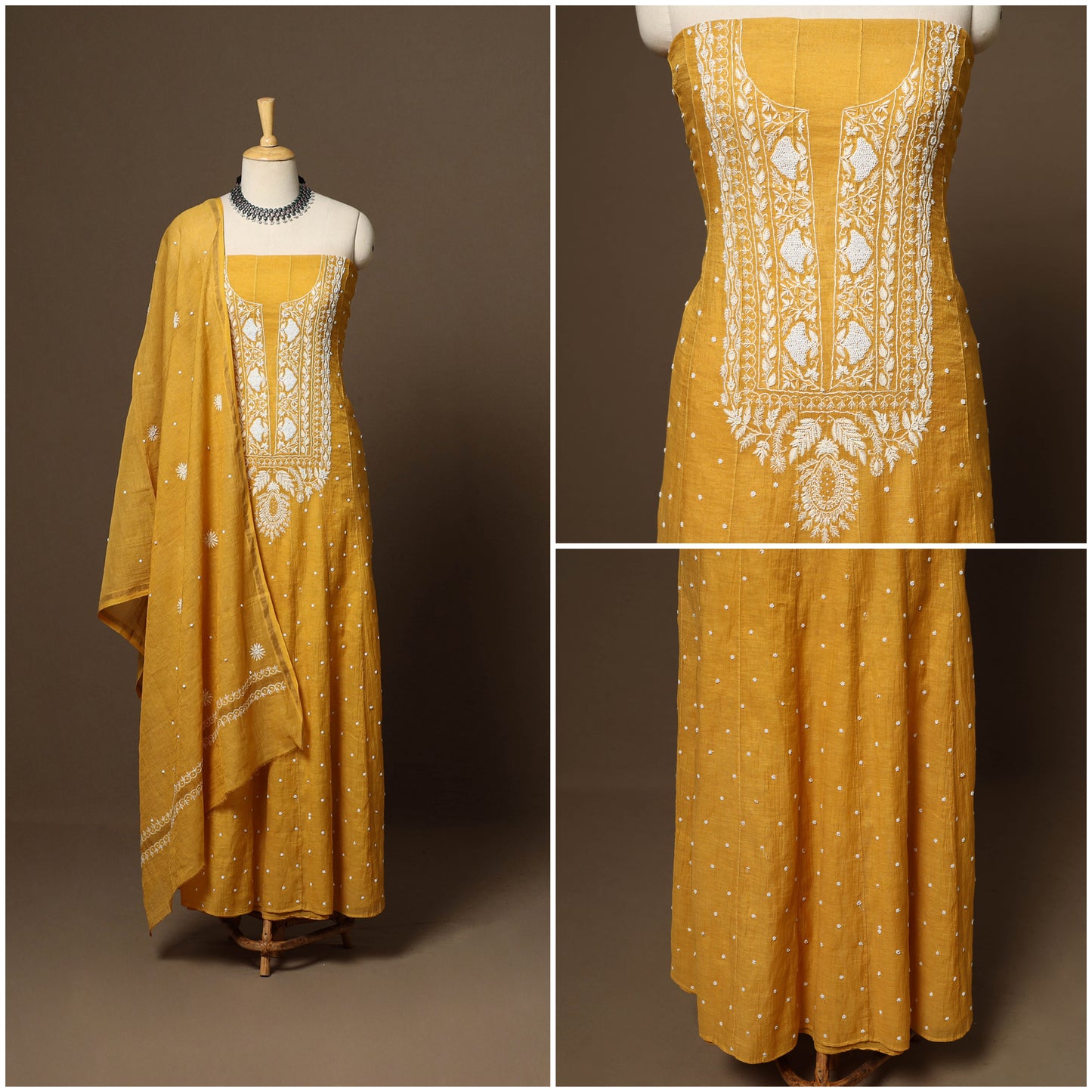 Yellow - 2pc mul chanderi semi stitched tissue zari hand