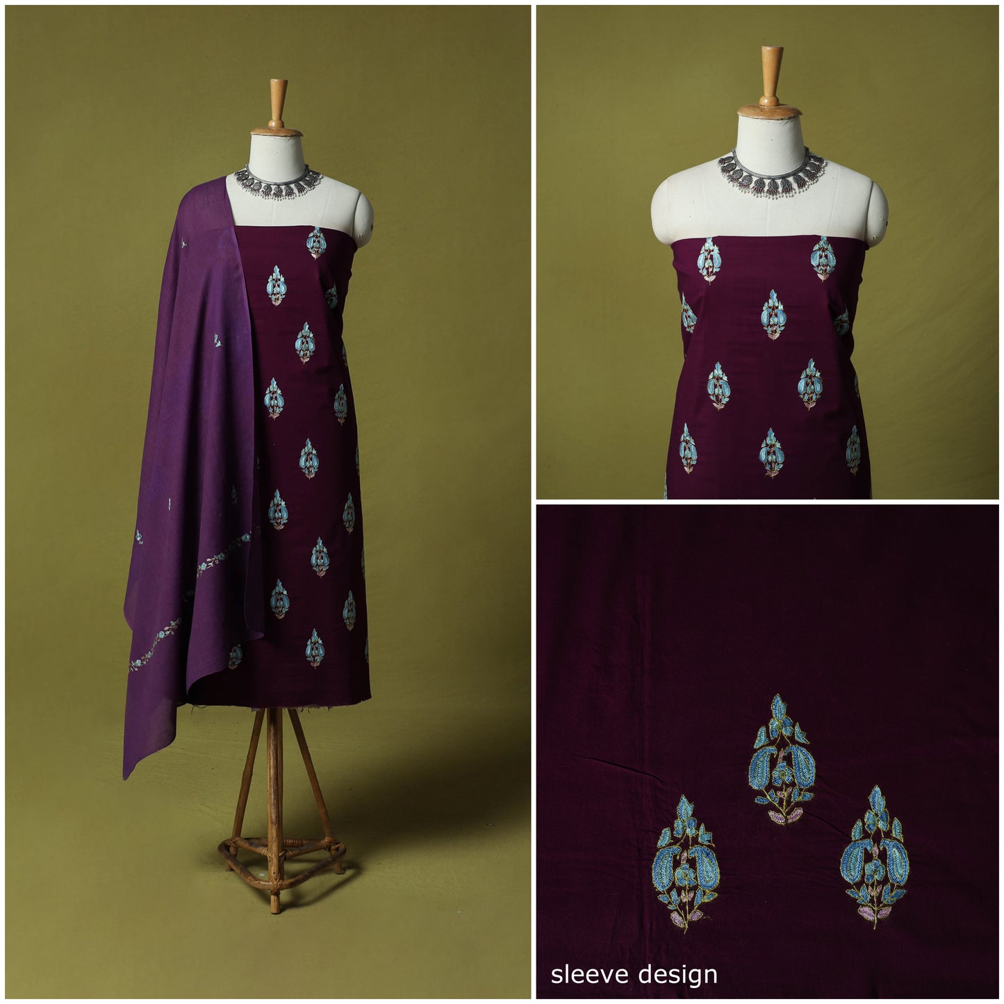 Hand Embroidered Cotton Kashida 3pc Unstitched Dress Material Suit Set 52