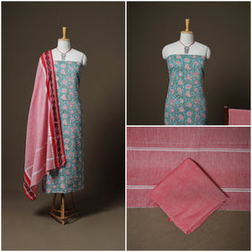 Sanganeri Block Print Cotton Unstitched Dress Material: Kurta, Bottom & Dupatta with Jewellery 27