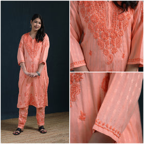 Peach - Hand Embroidered Rayon Cotton Chikankari Kurta with Pant Set for Women 14