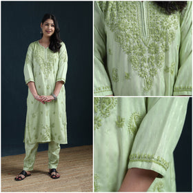 Green - Hand Embroidered Rayon Cotton Chikankari Kurta with Pant Set for Women 17