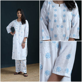 White - Hand Embroidered Mul Cotton Chikankari Kurta with Palazzo Set for Women 37