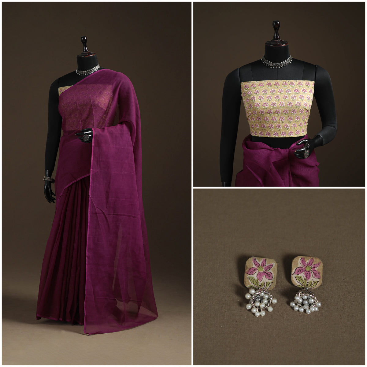 Purple - Nazaakat Kota Doria Cotton Plain Saree with Blouse Piece & Earrings 10