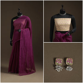 Purple - Nazaakat Kota Doria Cotton Plain Saree with Blouse Piece & Earrings 10