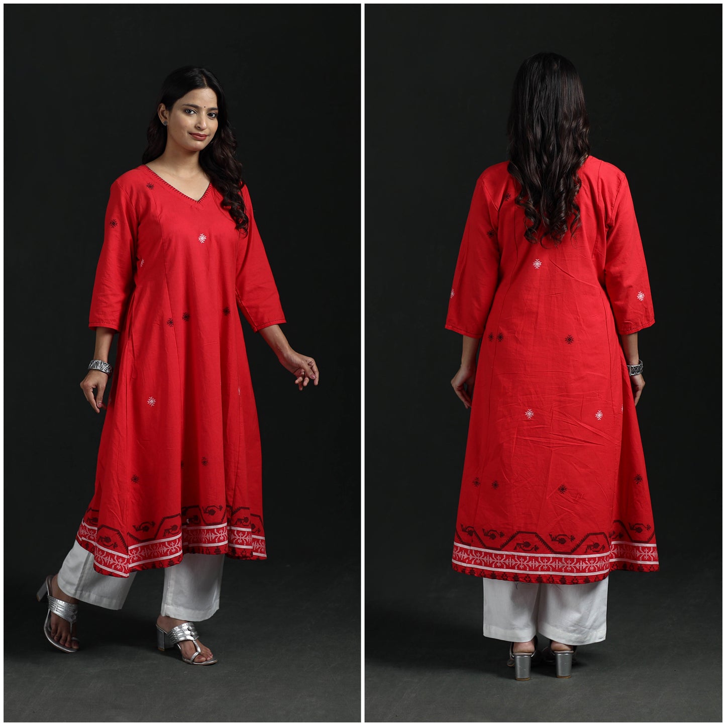 Hand Embroidered Jacquard Cotton A-Line Long Kurta for Women 02