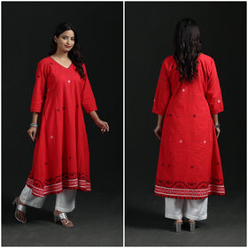 Hand Embroidered Jacquard Cotton A-Line Long Kurta for Women 02