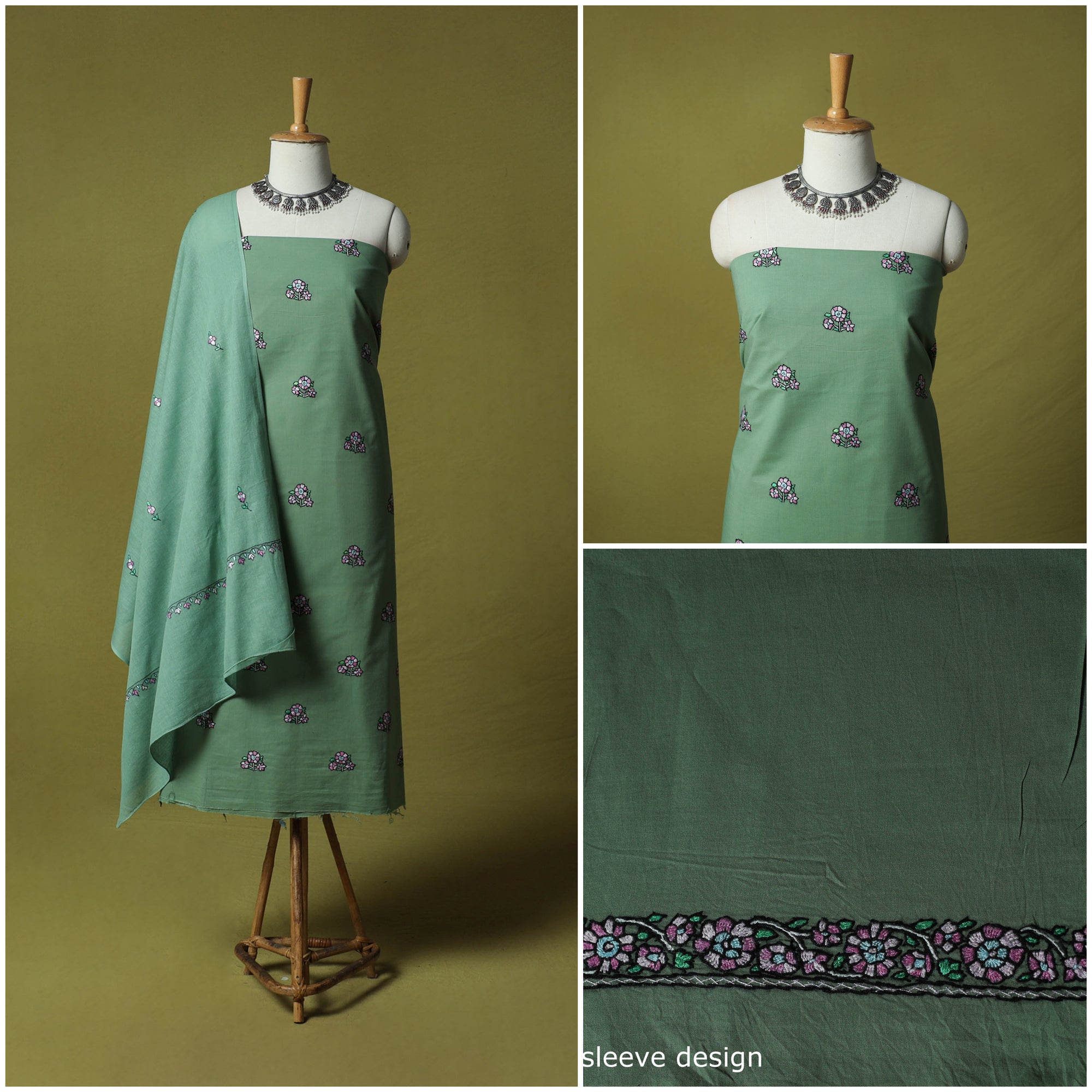Green - Hand Embroidered Cotton Kashida 3pc Unstitched Dress Material Suit Set 53