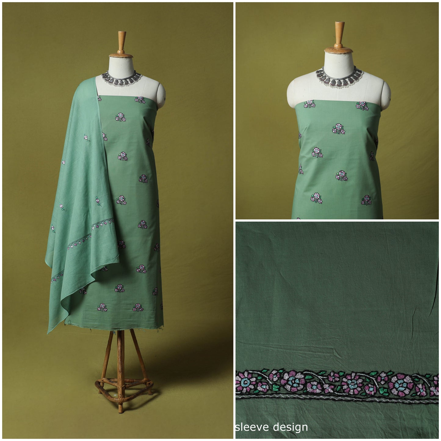 Green - Hand Embroidered Cotton Kashida 3pc Unstitched Dress Material Suit Set 53