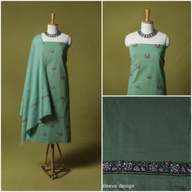 Green - Hand Embroidered Cotton Kashida 3pc Unstitched Dress Material Suit Set 53